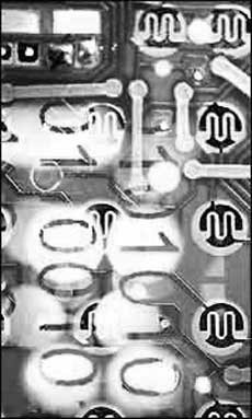 Image shows a circuit board overlaid with binary digits to imply digital design technology
